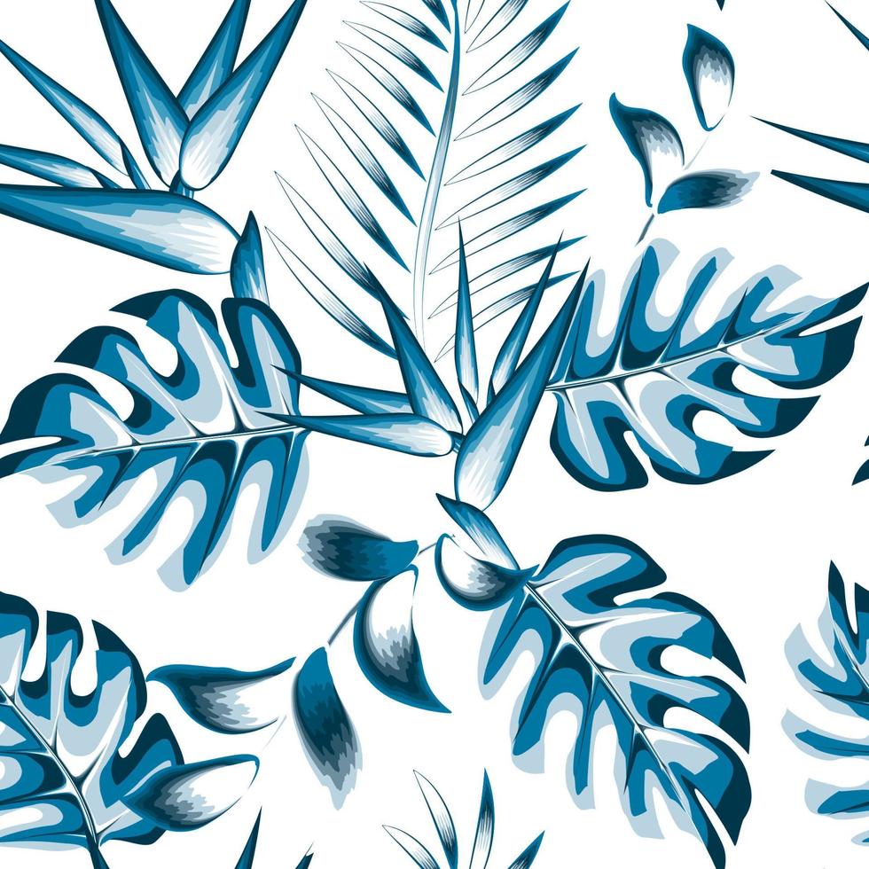 Exotic jungle plants illustration seamless pattern with blue abstract monochromatic tropical strelitzia flowers and monstera fern leaves on light background. Floral background. summer design. nature vector
