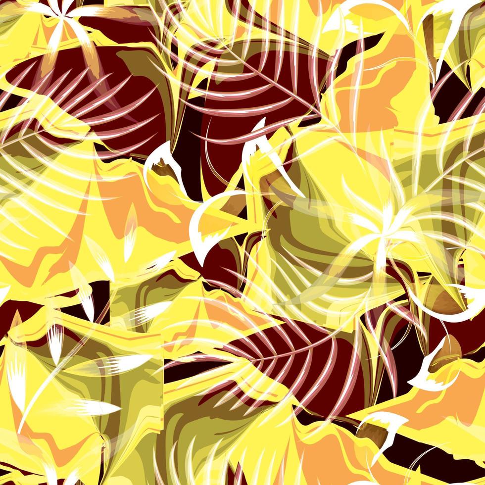 abstract tropical leaves seamless pattern on dark background. colorful plants foliage pattern. colorful fabric texture print repeated. light color on black. Fashion design for your textile and fabric vector