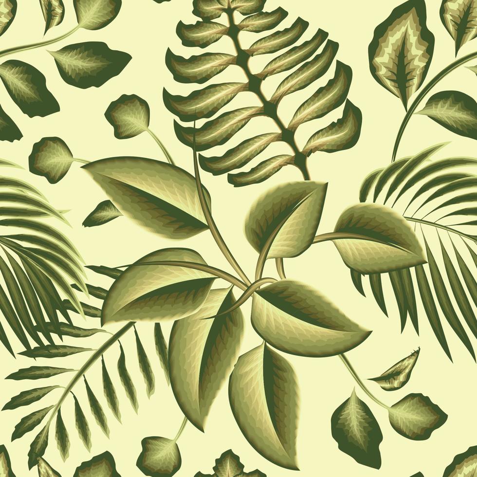green vintage exotic botanical illustration wallpaper seamless pattern with monochromatic coconut fern leaves and plant foliage on beige background. fashionable print texture. Summer design. natural vector