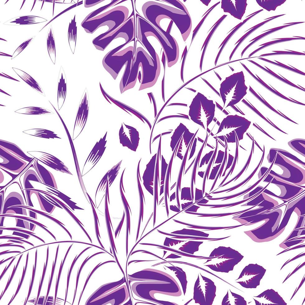 selva exótica con hojas de palma de monstera tropical púrpura y camiseta de tela sin costuras de follaje de plantas. fondo de pantalla de verano fondo negro. fondo de la naturaleza. textura de moda. imprimir textiles. naturaleza vector