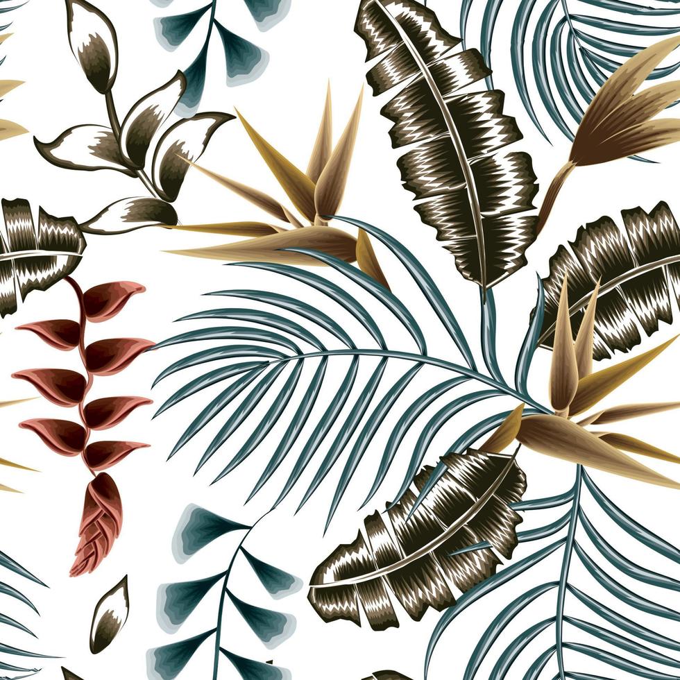 Exotic jungle plants illustration seamaless pattern with colorful elegance strelitzia flower, heliconia and banana palm leaves on white background. Floral background. Exotic tropics. Summer design vector