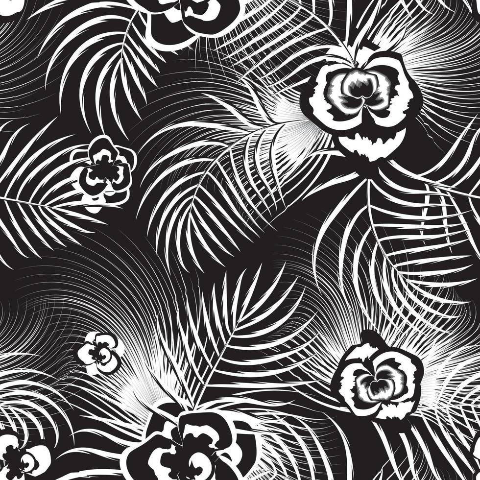 vintage abstract tropical seamless pattern with black white palm leaves and flowers plants foliage on night background. Floral background. Exotic wallpaper. Trendy summer Hawaii print. natural decor vector