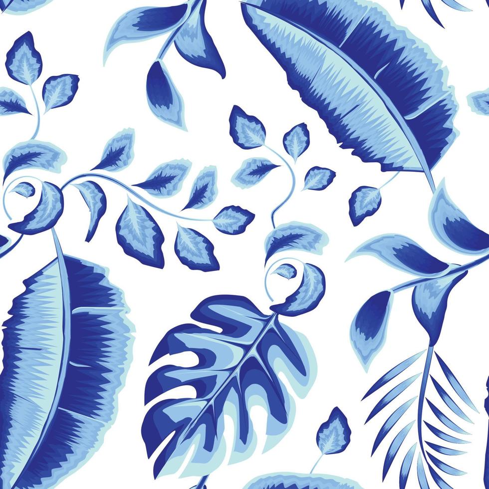 blue vintage monochromatic seamless background with tropical plants leaves and foliage on white background. Vector design. Jungle print. Floral background. Printing and textile. Exotic tropic. Summer