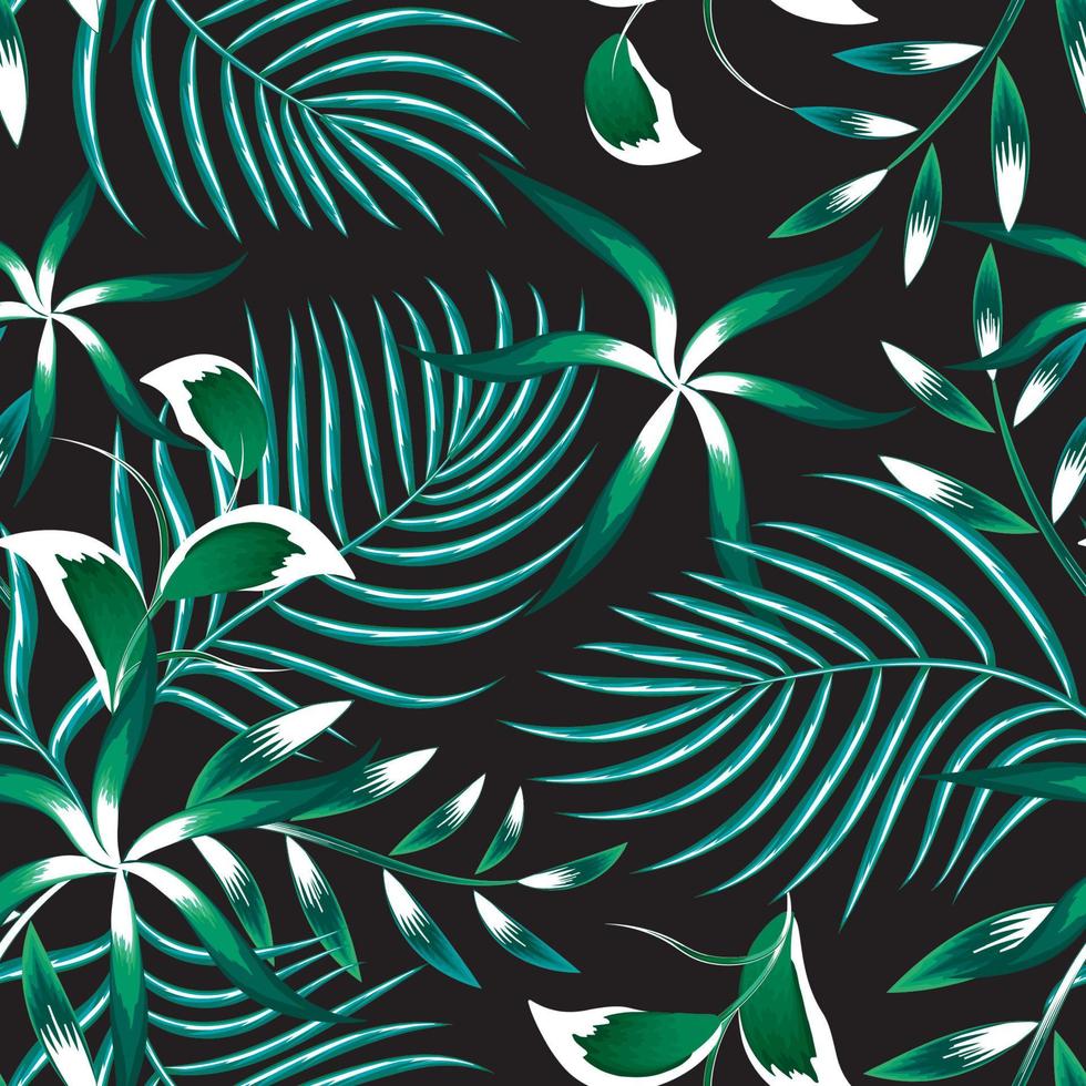 abstract jungle seamless backgrond with light tropical flowers plants foliage and coconut leaves on dark background. fashionable prints texture. Floral background. Exotic tropic. Summer design. night vector
