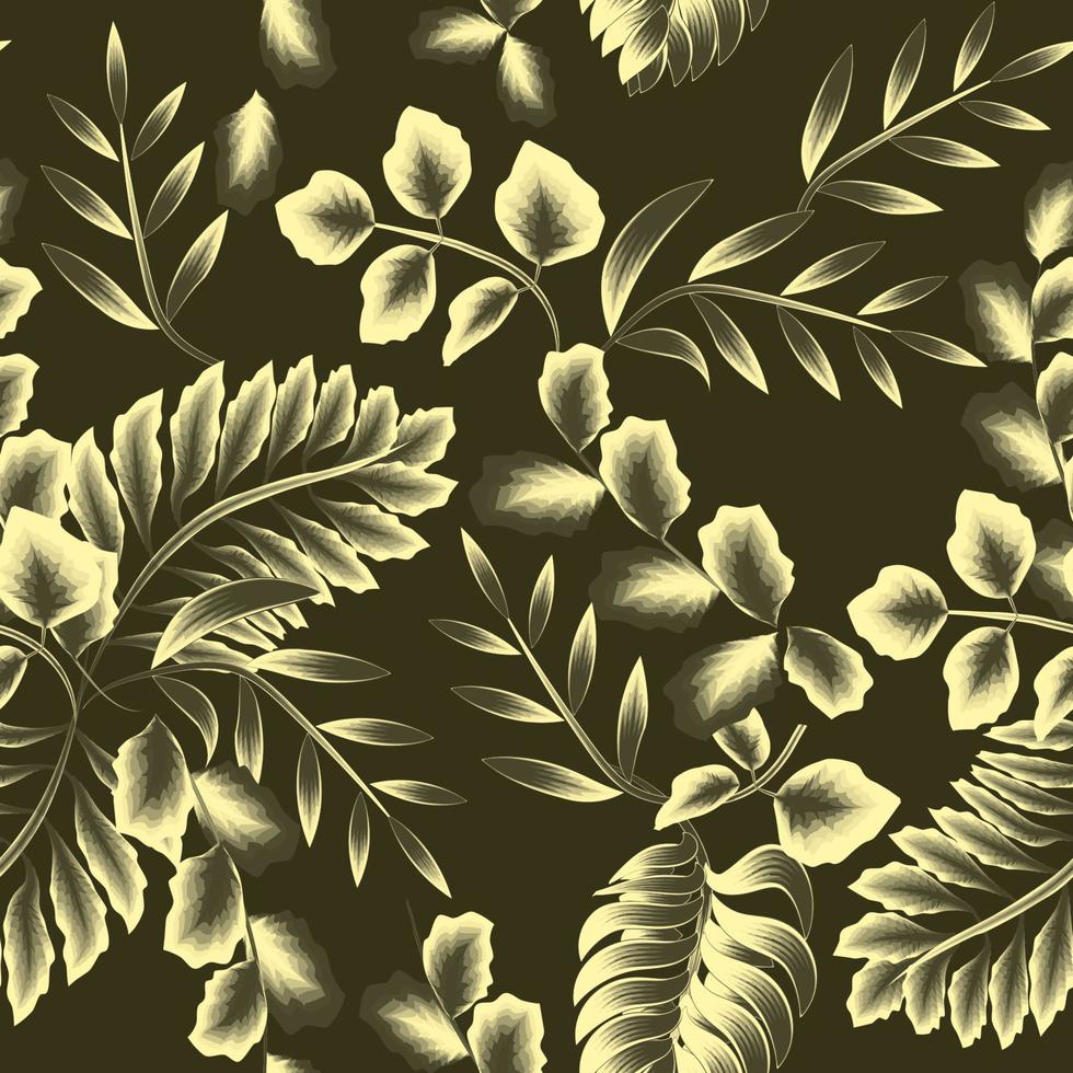 light shining tropical fern leaves and plants foliage seamless pattern on dark background. fashionable prints texture. eamless realistic vector composition, trendy botanical pattern. exotic Summer