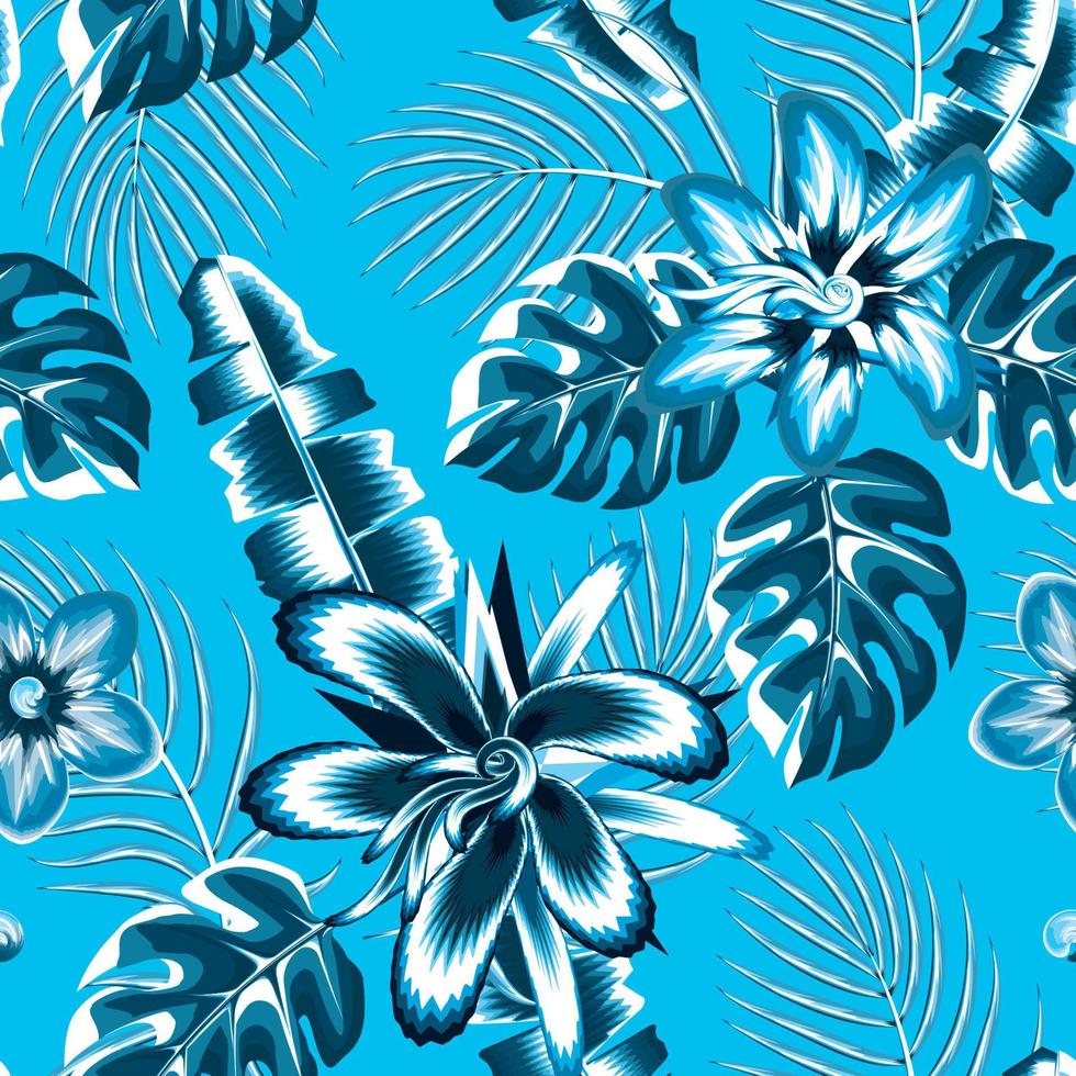 patrón de selva transparente sobre fondo azul. imprimir el fondo vectorial de las hojas de plátano de palma de papel tapiz de verano de moda en un fondo claro. diseño de textura de moda. trópico exótico. diseño de verano. otoño vector