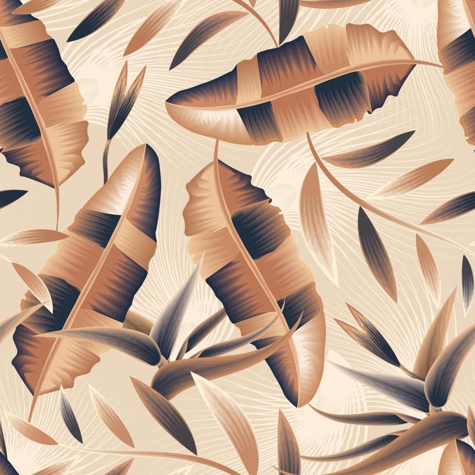 verano exótica selva planta tropical abstracto hojas de plátano y follaje. patrón, vector floral strelitzia transparente sobre fondo beige. papel pintado de la naturaleza. textura de moda. verano exótico. primavera