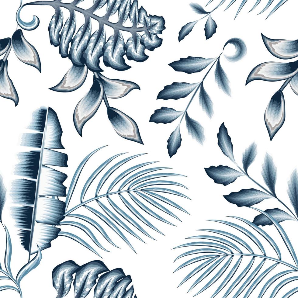 Textura de moda de patrones sin fisuras tropicales vintage con plantas azules y hojas sobre fondo blanco. patrón exótico sin fisuras con plantas tropicales. hojas de la selva patrón botánico. diseño de verano vector