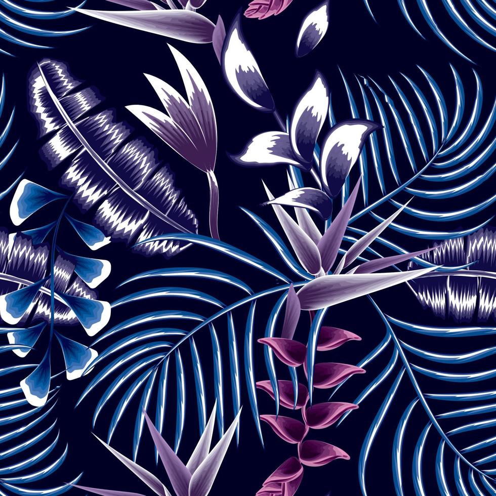 flor de heliconia púrpura abstracta y flor de ave del paraíso patrón sin fisuras con coloridas hojas de plantas tropicales sobre fondo nocturno. diseño de verano. impresión de moda. fondo floral. natural vector