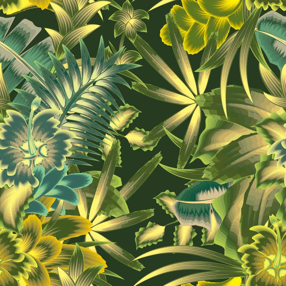 las plantas verdes de la selva tropical dejan un diseño vectorial de ilustración de patrones sin fisuras con follaje botánico abstracto de tendencia en el fondo nocturno. fondo floral. diseño exótico de verano. papel pintado de la naturaleza vector