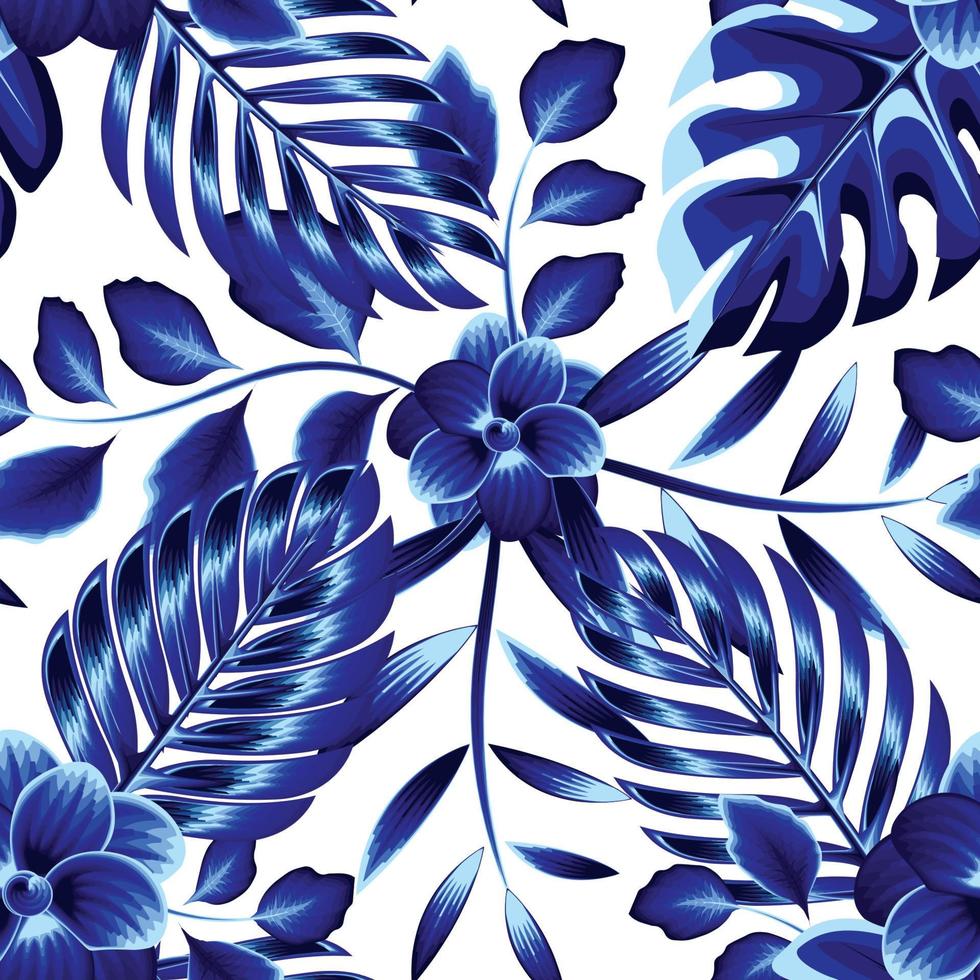 spring seamless background with blue monochromatic tropical leaves and flower plants foliage on white background. Vector design. Jungle print. Floral background. Exotic tropic. Summer. autumn. nature