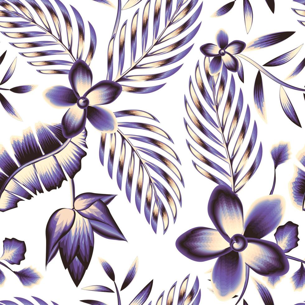 ilustración natural exótica con coloridas flores de plátano tropical abstractas, plantas de frangipani y hojas de palma sin costuras sobre fondo blanco. fondo floral. trópicos exóticos. estampados de verano vector