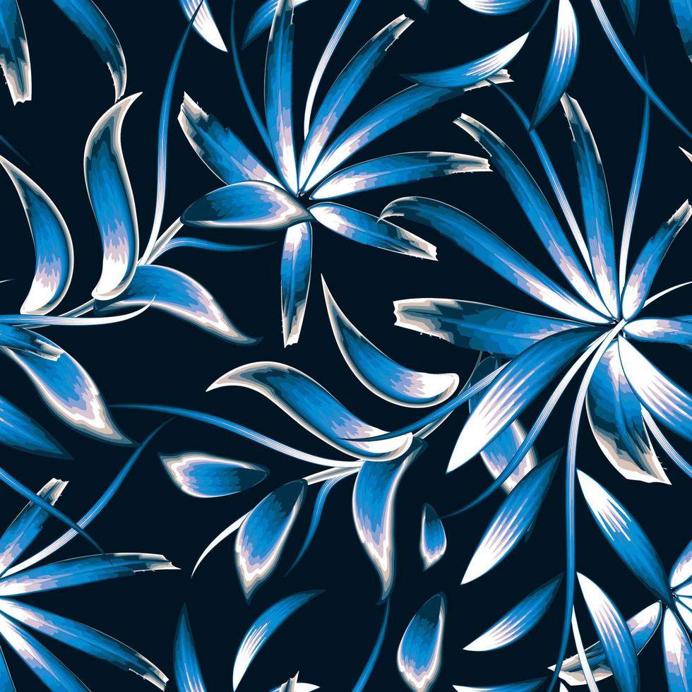 night summer tropical plant seamless pattern with blue monochromatic bamboo leaves and foliage on dark background. fashionable texture. jungle print. Exotic tropic. Summer design. autumn. fall. spring vector