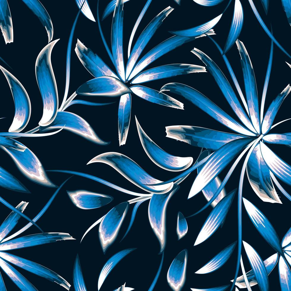 patrón sin costuras de plantas tropicales de verano nocturno con hojas de bambú monocromáticas azules y follaje sobre fondo oscuro. textura de moda. impresión de la selva. trópico exótico. diseño de verano. otoño. otoño. primavera vector