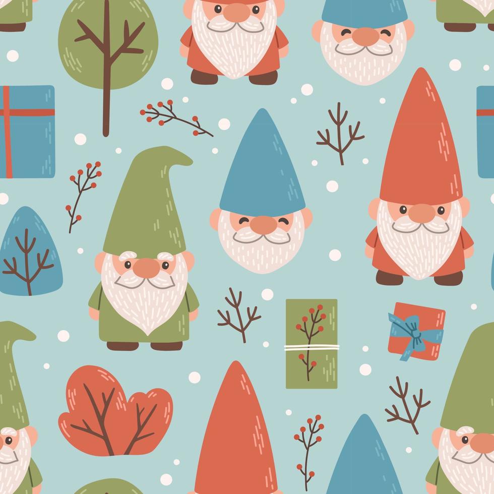 Winter gnomes gift present forest tree seamless pattern vector illustration