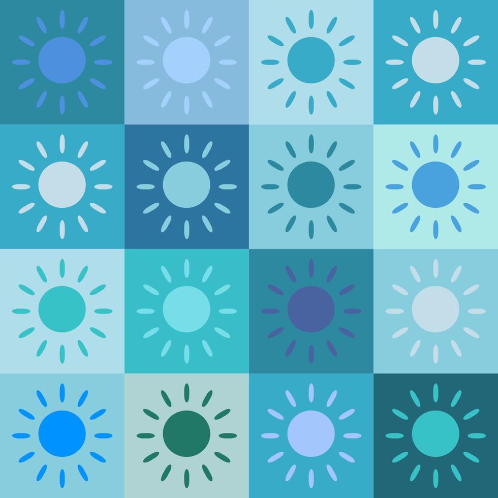 diseño de ilustración vectorial de patrones sin fisuras. el sol brilla en muchos tonos de azul dentro de cada bloque, caja o cuadrado. tela, papel, impresión, regalo, tela, conceptos de cubierta. vector