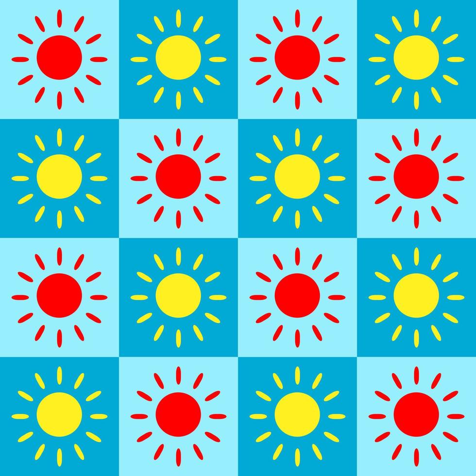 Seamless pattern vector illustration design. Red and yellow sun shine within a blue shade square block or box. Fabric, paper, printing, gift, cloth, cover concepts.