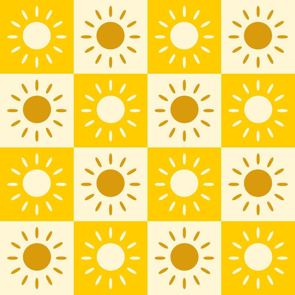 Seamless pattern vector illustration design. White and yellow sun shine within a square block. Fabric, paper, printing, gift, cloth, cover concepts.