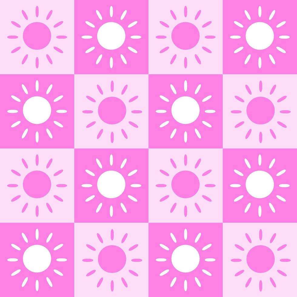 Seamless pattern vector illustration design. White and pink sun shine within a square block. Fabric, paper, printing, gift, cloth, cover concepts.