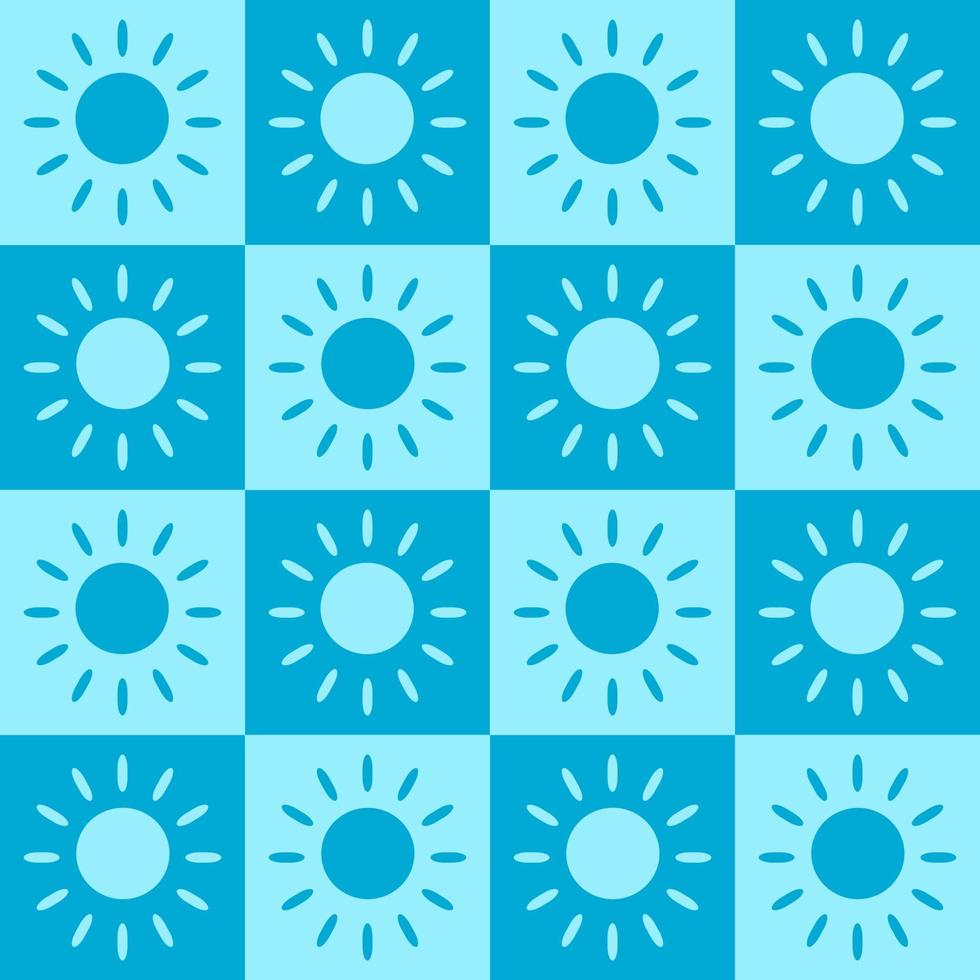 Seamless pattern vector illustration design. Sun shine within a blue shade color square block. Fabric, paper, printing, gift, cloth, cover concepts.
