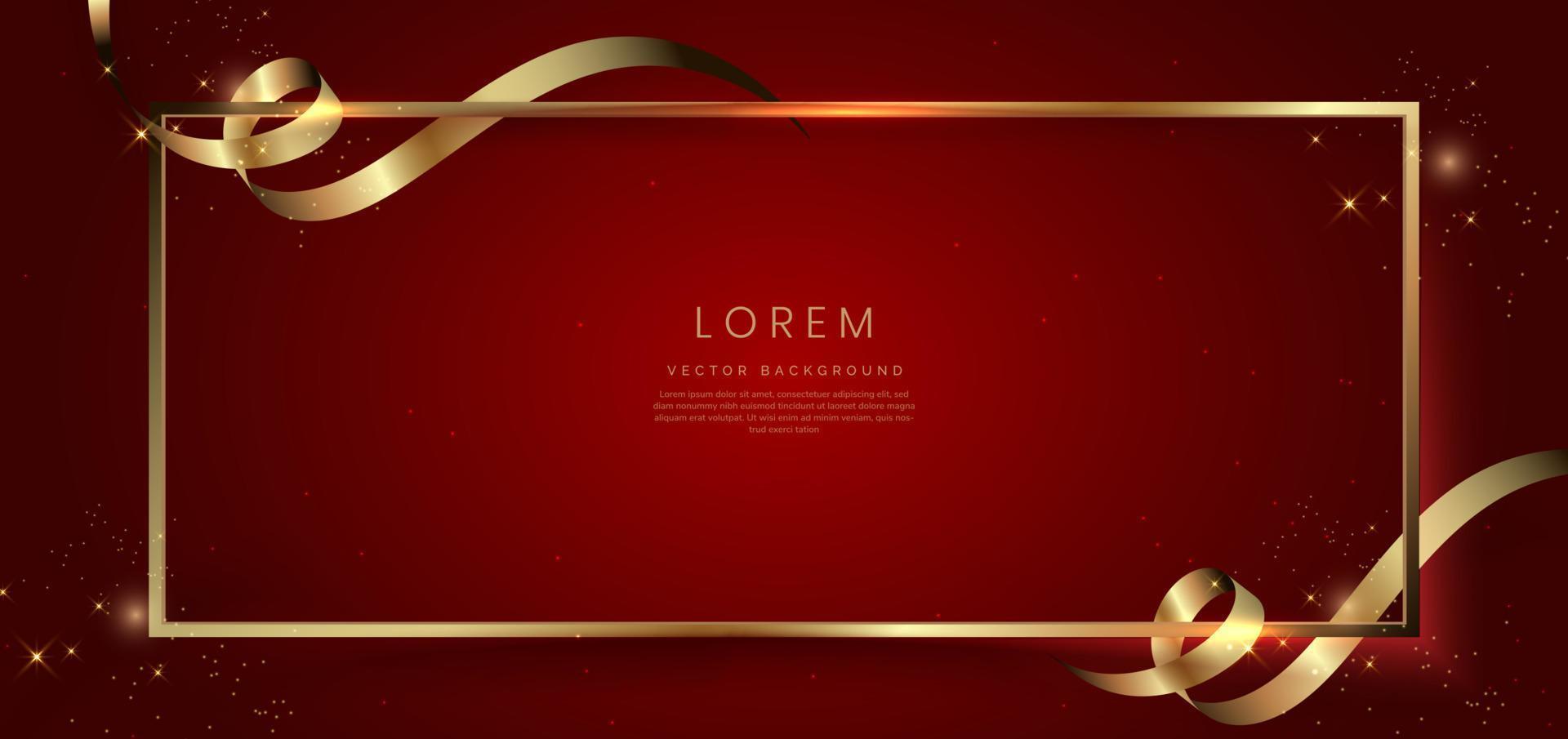 Abstract 3d gold curved ribbon on red background with lighting effect and sparkle with copy space for text. Luxury frame design style. vector