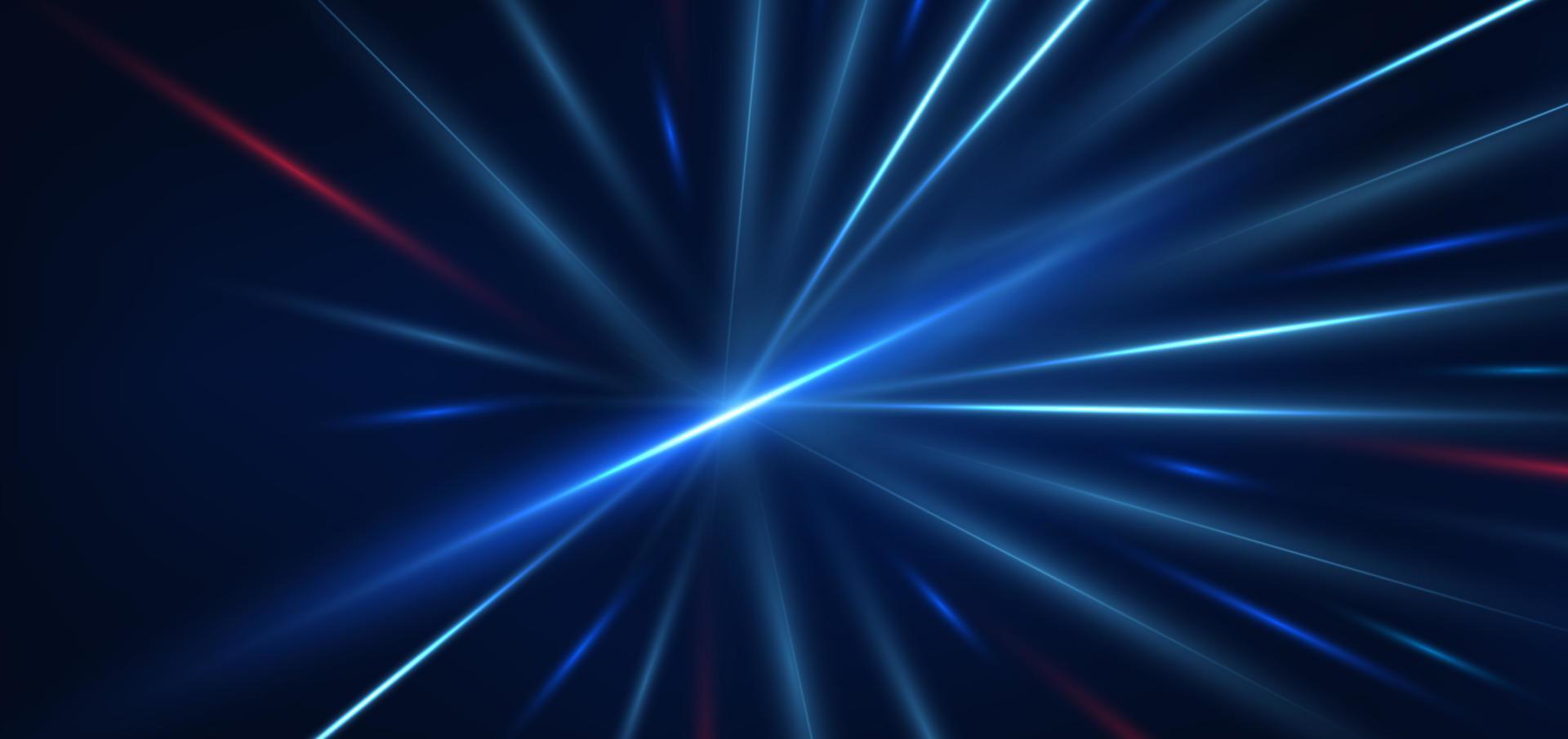 tecnología abstracta líneas de luz azul y roja brillantes futuristas con efecto de desenfoque de movimiento de velocidad sobre fondo azul oscuro. vector