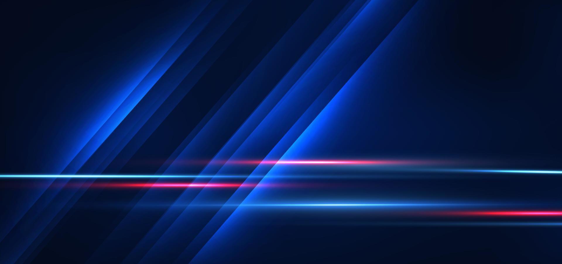 Abstract technology futuristic glowing blue and red  light lines with speed motion blur effect on dark blue background. vector