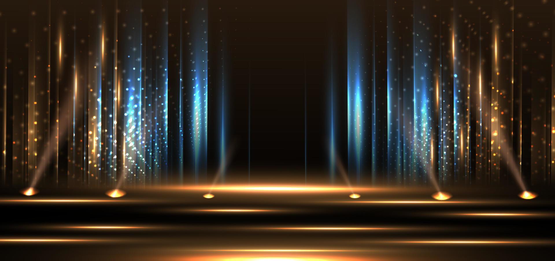 elegante escenario dorado vertical que brilla intensamente con efecto de iluminación sobre fondo negro. vector