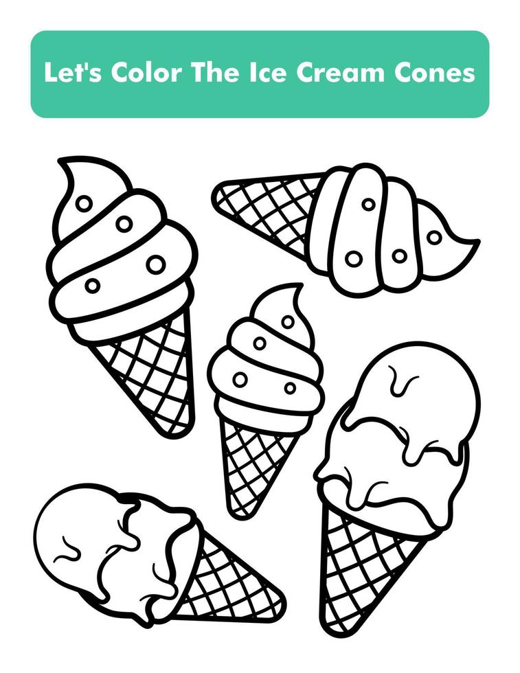 Ice Cream Cones Coloring Book Page In Letter Page Size. Children Coloring Worksheet. Premium Vector Element.