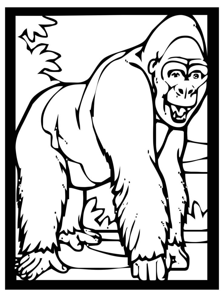 Sketch of a gorilla on a black and white background in a frame for comics or learning to color for children. vector