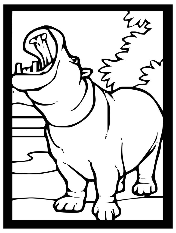 Hippo sketch on black and white background inside frame for comic or coloring. vector