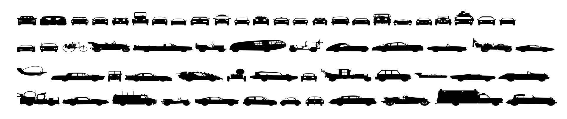 colección de siluetas de vehículos de motor para iconos en un fondo blanco vector