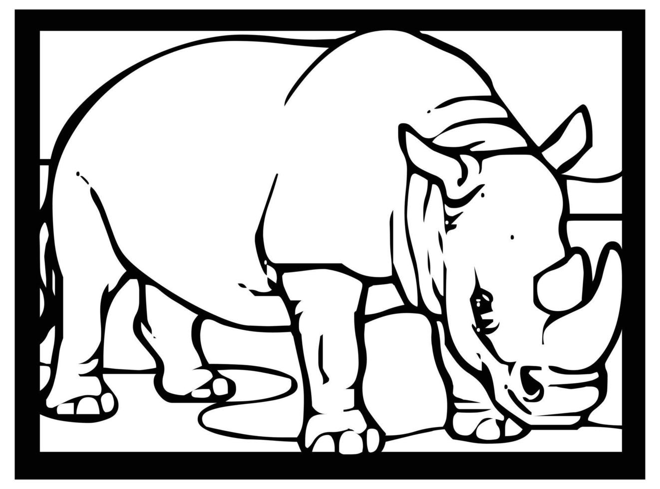 bocetos de rinoceronte sobre fondo blanco y negro en un marco para cómics o aprender a colorear para niños. vector