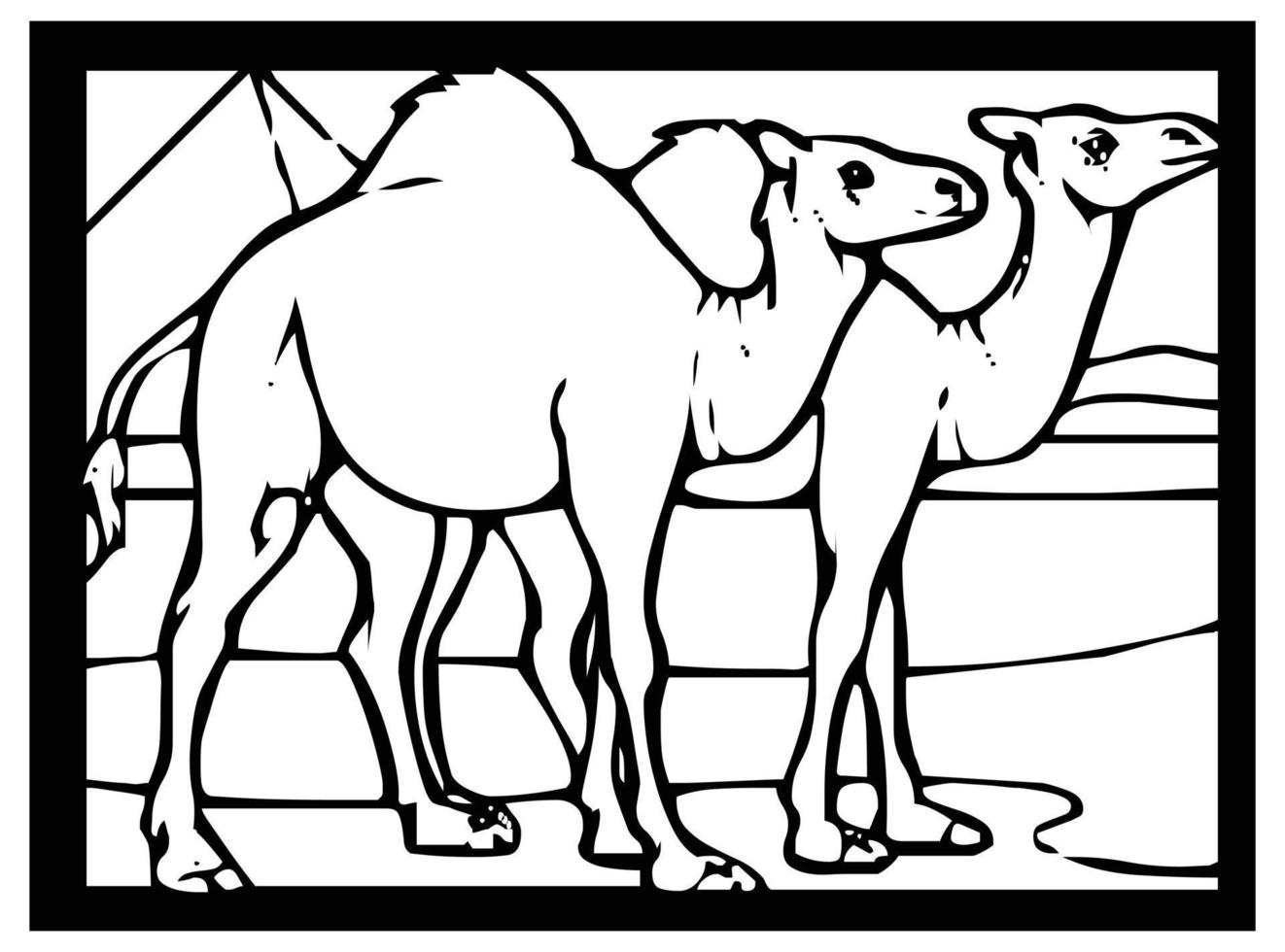 Camel sketch on black and white background inside frame for comic or coloring. vector
