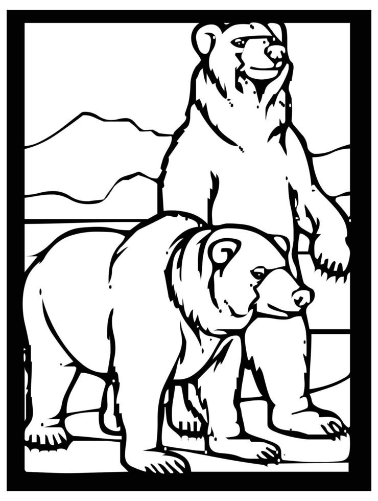 Sketch of a bear on a black and white background in a frame for comics or learning to color for children. vector