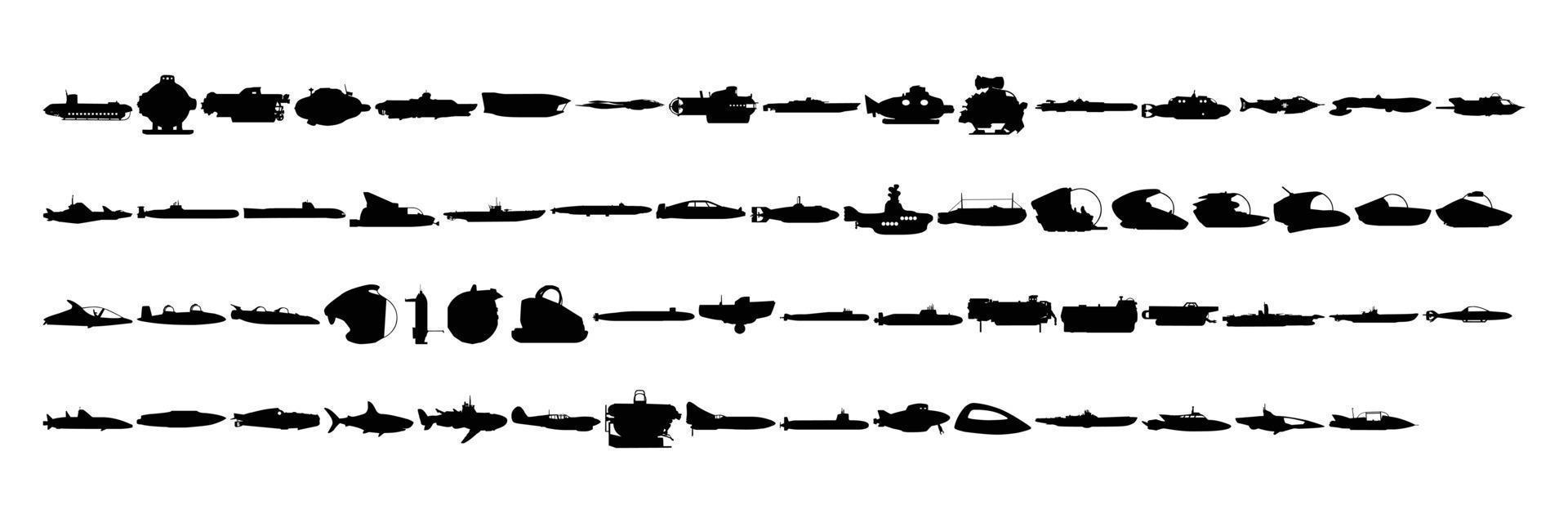 A collection of silhouettes of ships, boats and other marine vehicles for icons on a white background vector