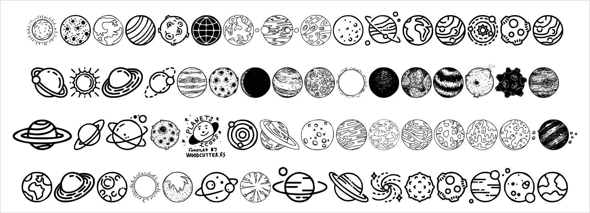 una colección de bocetos planetarios para iconos o logotipos en un fondo blanco y negro vector