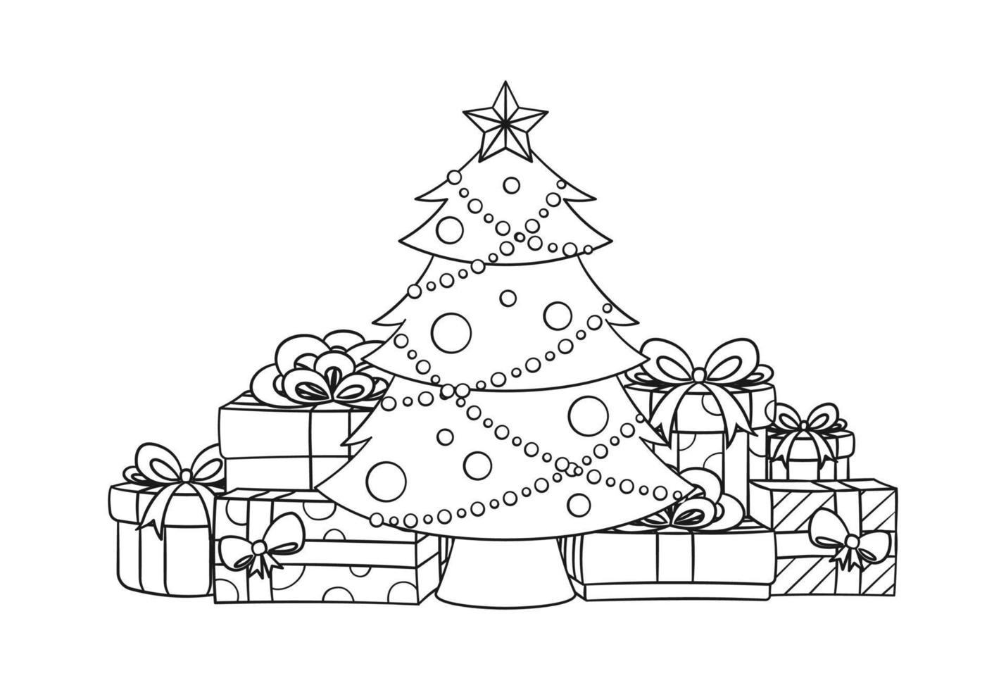 Christmas tree with fairy lights, ornaments and golden star surrounded by colorful presents and gift boxes cartoon outline illustration. Coloring book page printable activity worksheet for kids. vector