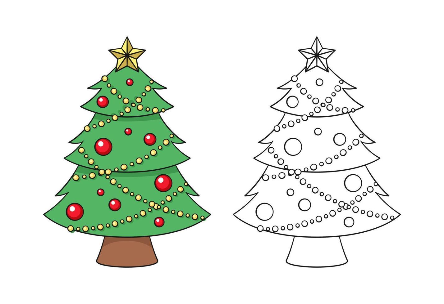 Christmas tree with fairy lights, ornaments and golden star cartoon illustration. Colored and outline set. Coloring book page printable activity worksheet for kids. vector