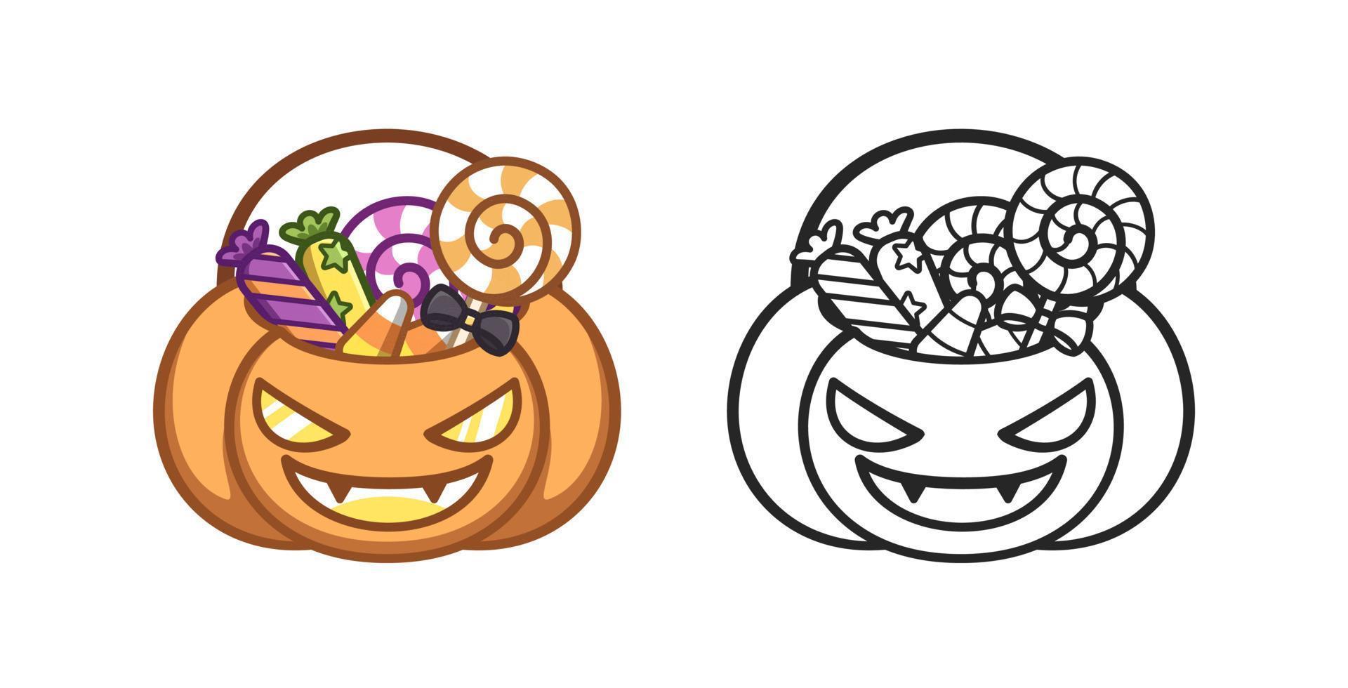 Scary Halloween trick or treat pumpkin basket full of candy colored and line art outline doodle cartoon illustration set. Halloween coloring book page activity for kids and adults vector