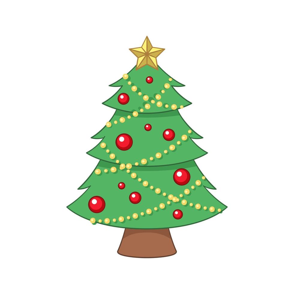 Christmas tree with fairy lights, ornaments and golden star cartoon illustration vector