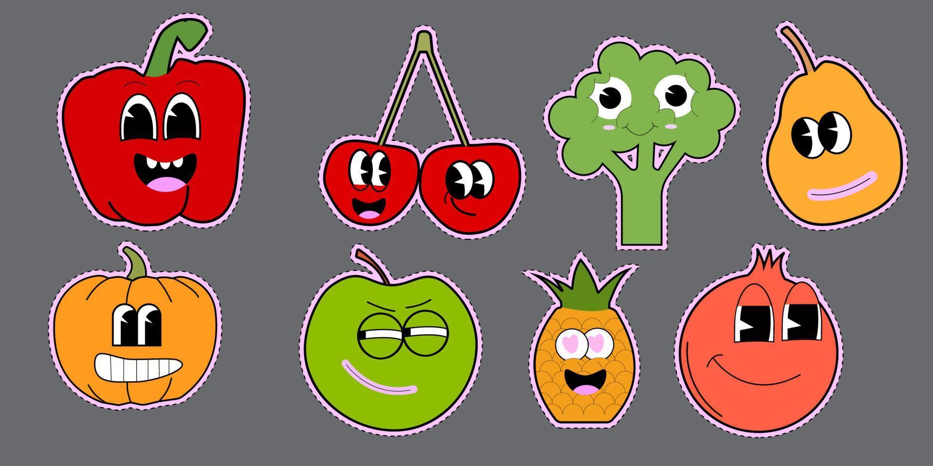 conjunto de divertidas pegatinas de emoji de frutas y verduras vector