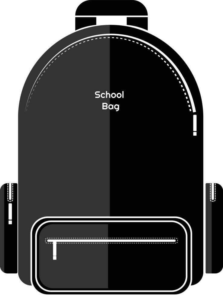 A black school bag with front and side pockets decorated with a white zipper and a logo in the middle that says School Bag vector