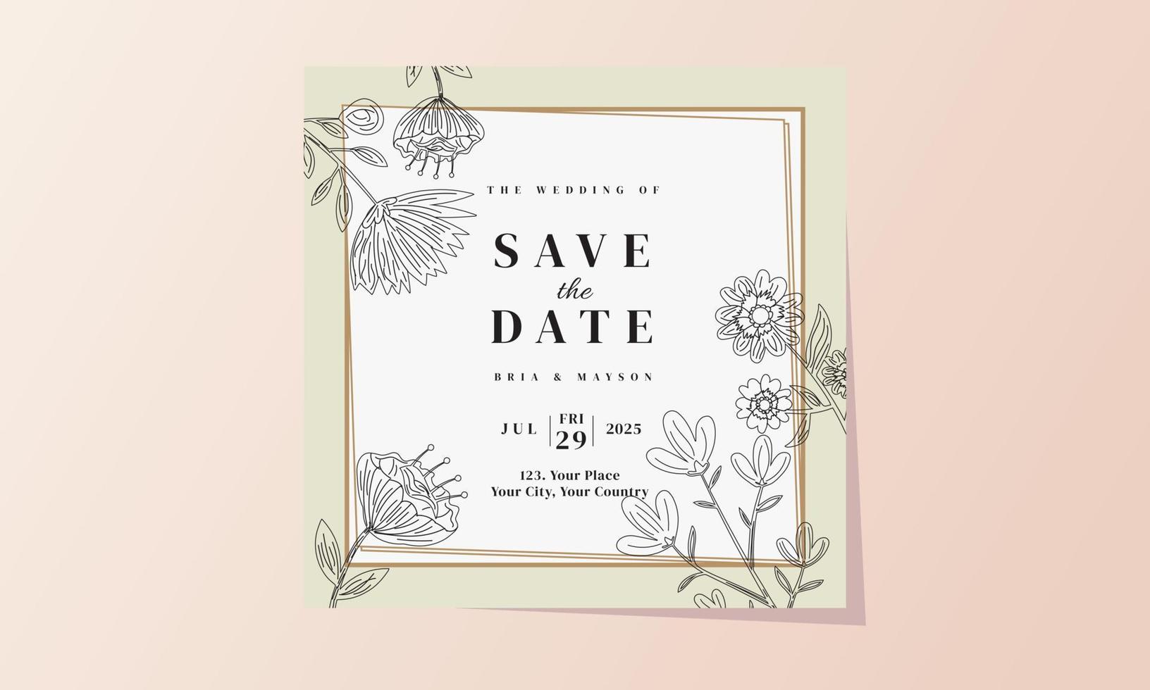 marco de tarjeta de bodas con flores de línea vector