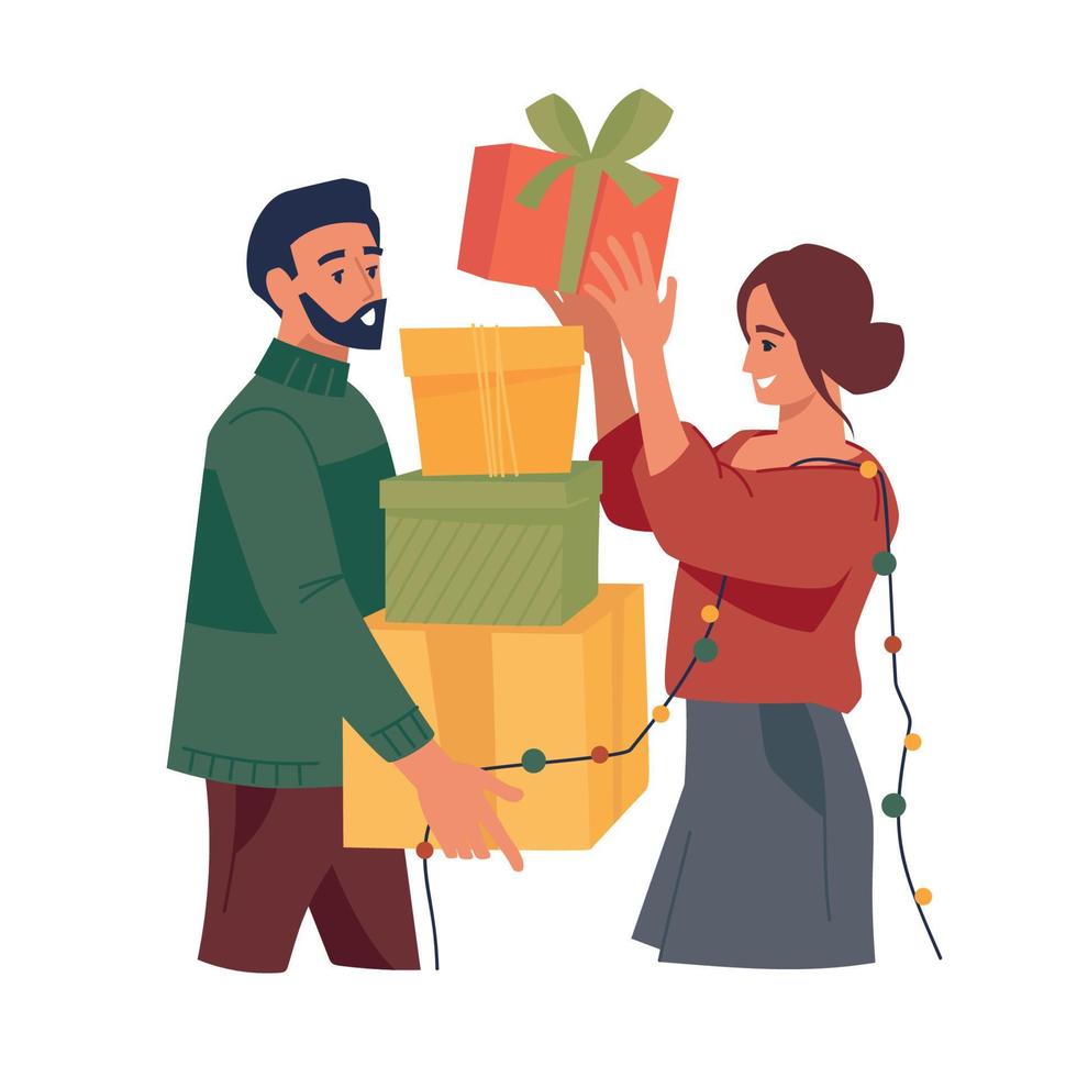 People with gifts. Preparing for the new year, Christmas. Vector image.