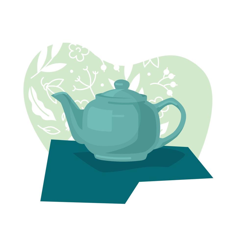 Kettle. Ceramic teapot on the background of floral ornament. Vector image.