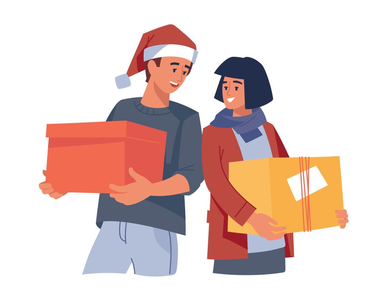 People with gifts. Preparing for the new year, Christmas. Vector image.