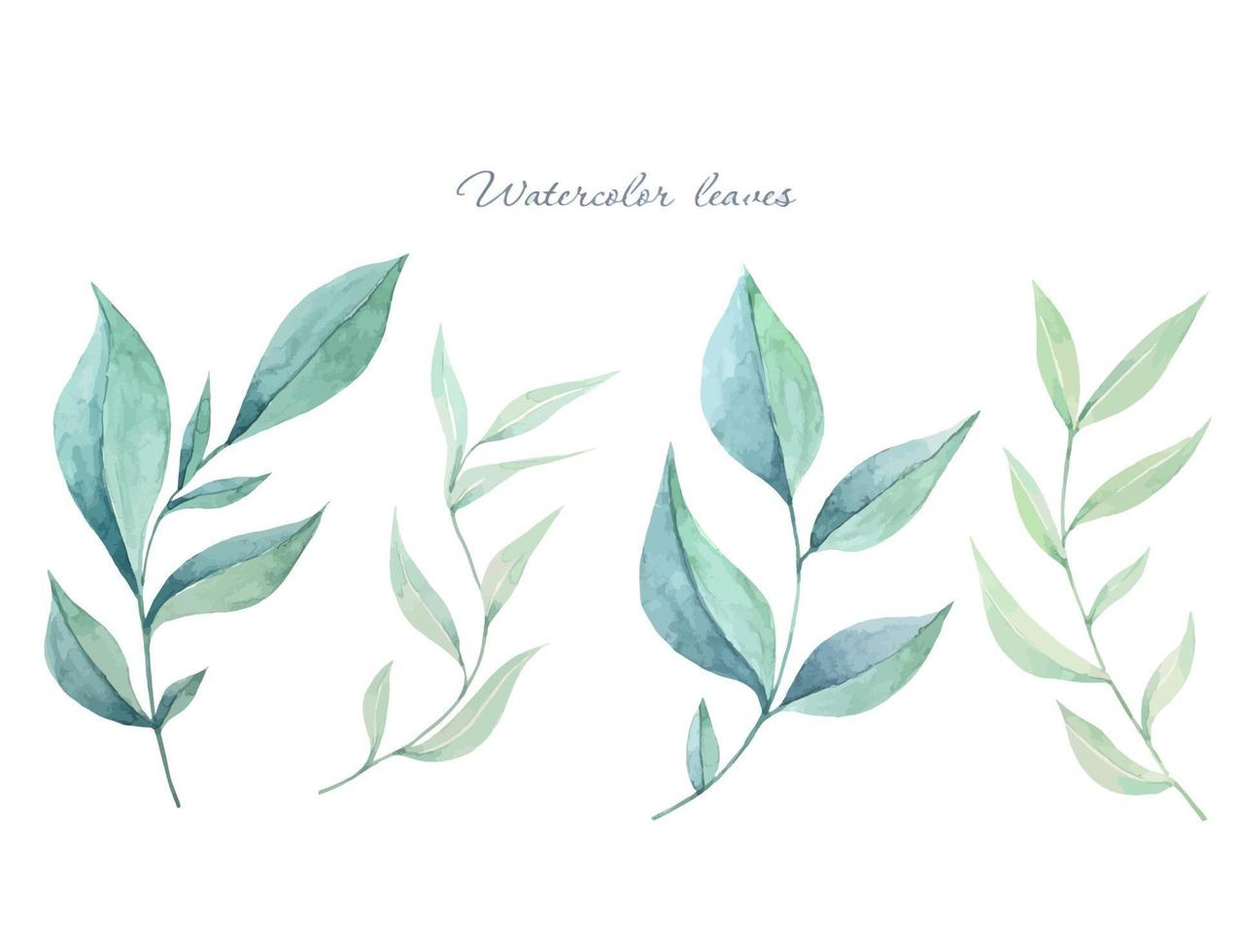 Set of green leaves . Watercolor illustration vector