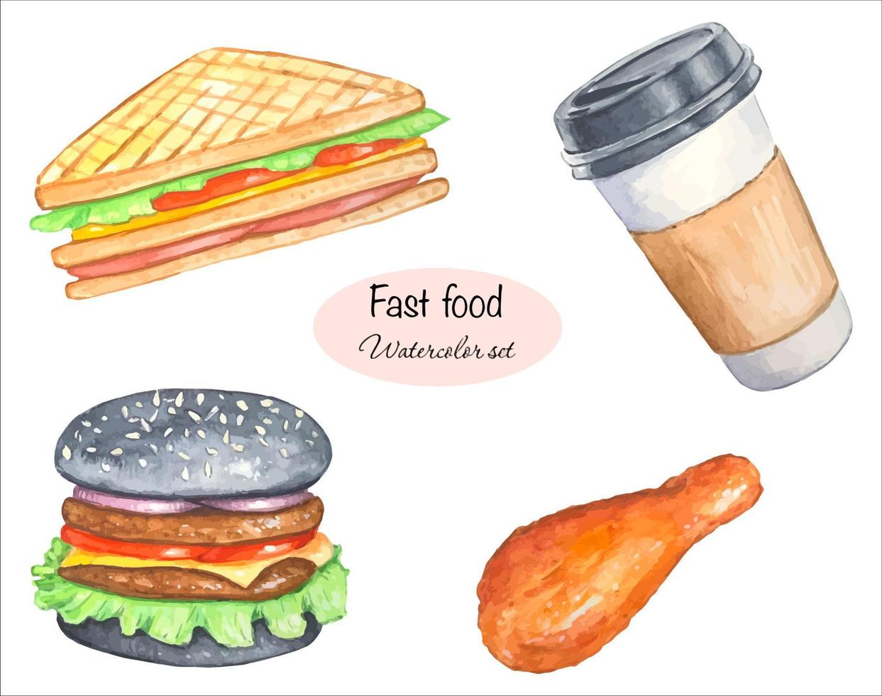 Set of watercolor illustrations of fast food, hamburger, sandwich, chicken leg, coffee vector