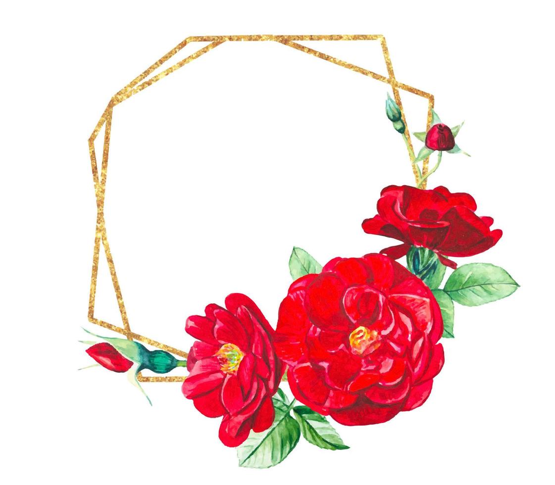 Floral frame with red garden roses and leaves. vector
